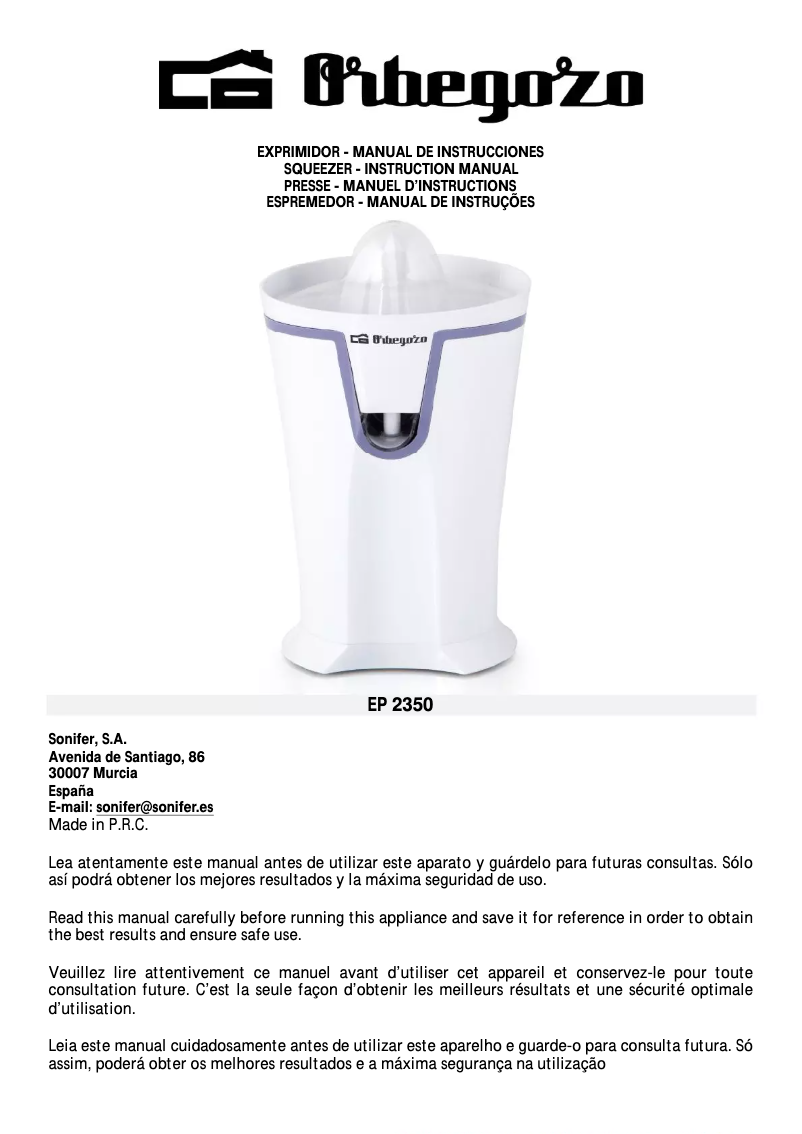 Page 1 de la notice Manuel utilisateur Orbegozo EP 2350
