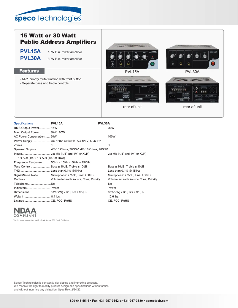 Page n°1 - Fiche technique Speco Technologies PVL-15A
