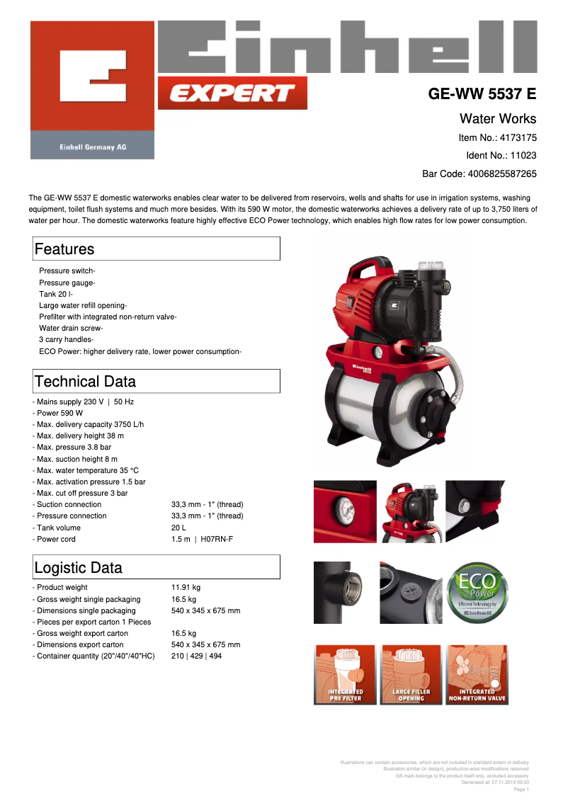 Page 1 de la notice Fiche technique Einhell GE-WW 5537 E