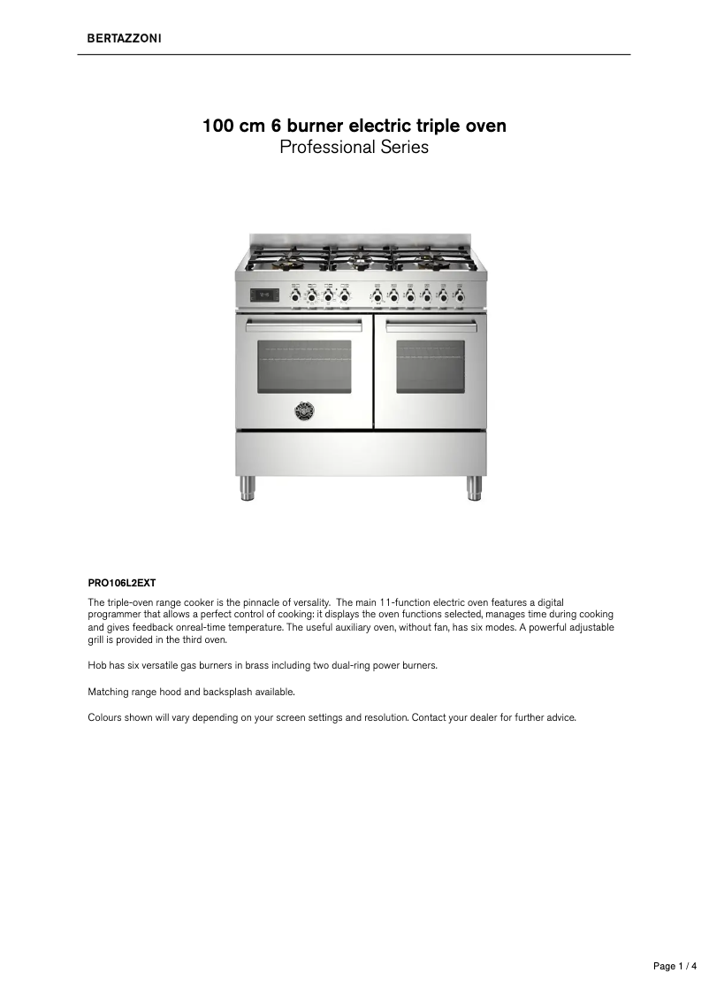 Page n°1 - Fiche technique Bertazzoni PRO106L2EXT