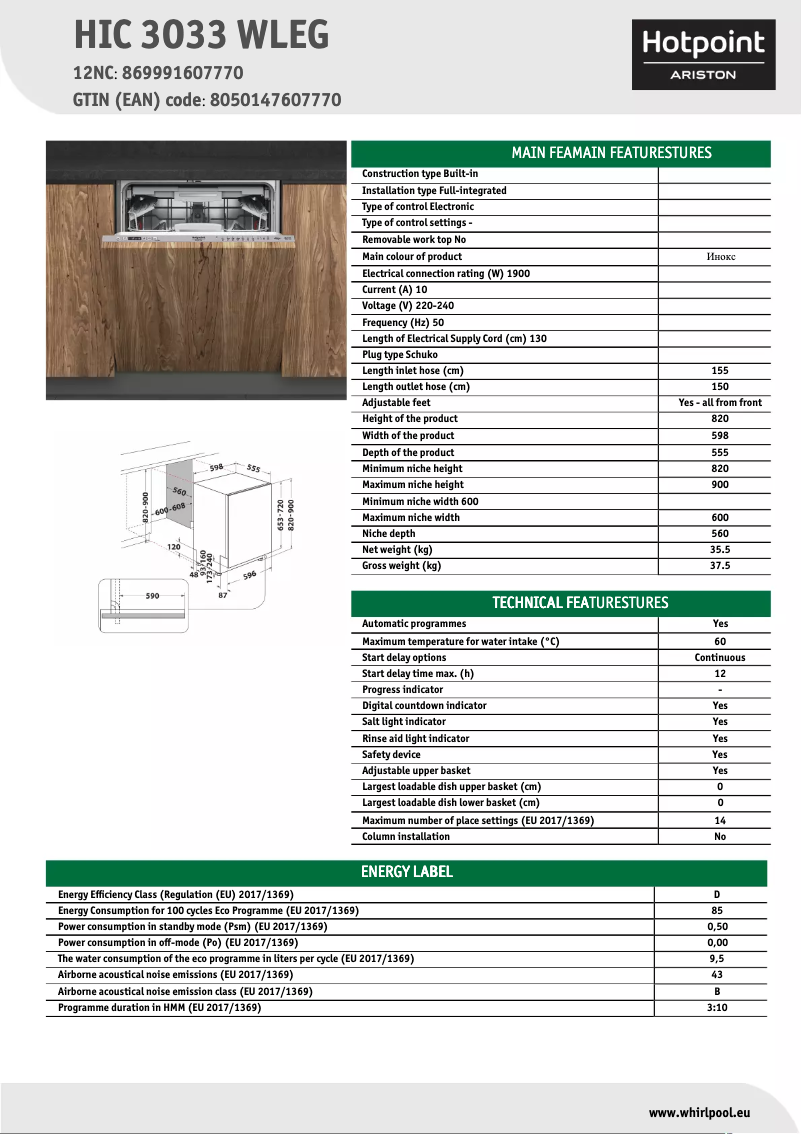 Page 1 de la notice Fiche technique Hotpoint HIC 3O33 WLEG