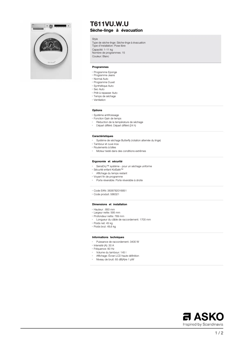 Page 1 de la notice Fiche technique Asko T611VU.W.U