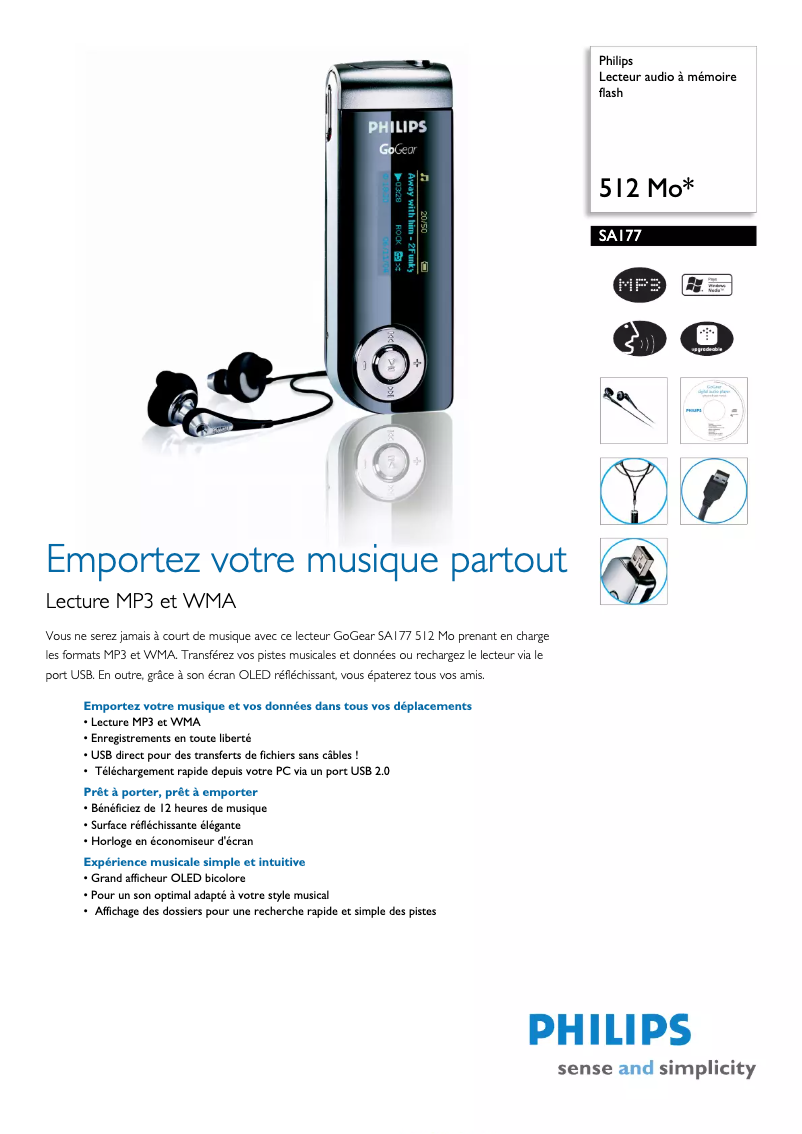 Page 1 de la notice Fiche technique Philips GoGear SA177
