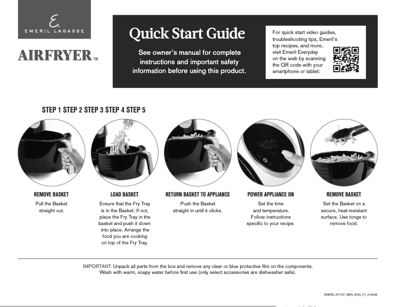 Page 1 de la notice Guide de démarrage rapide Emeril Lagasse AirFryer GLA-502