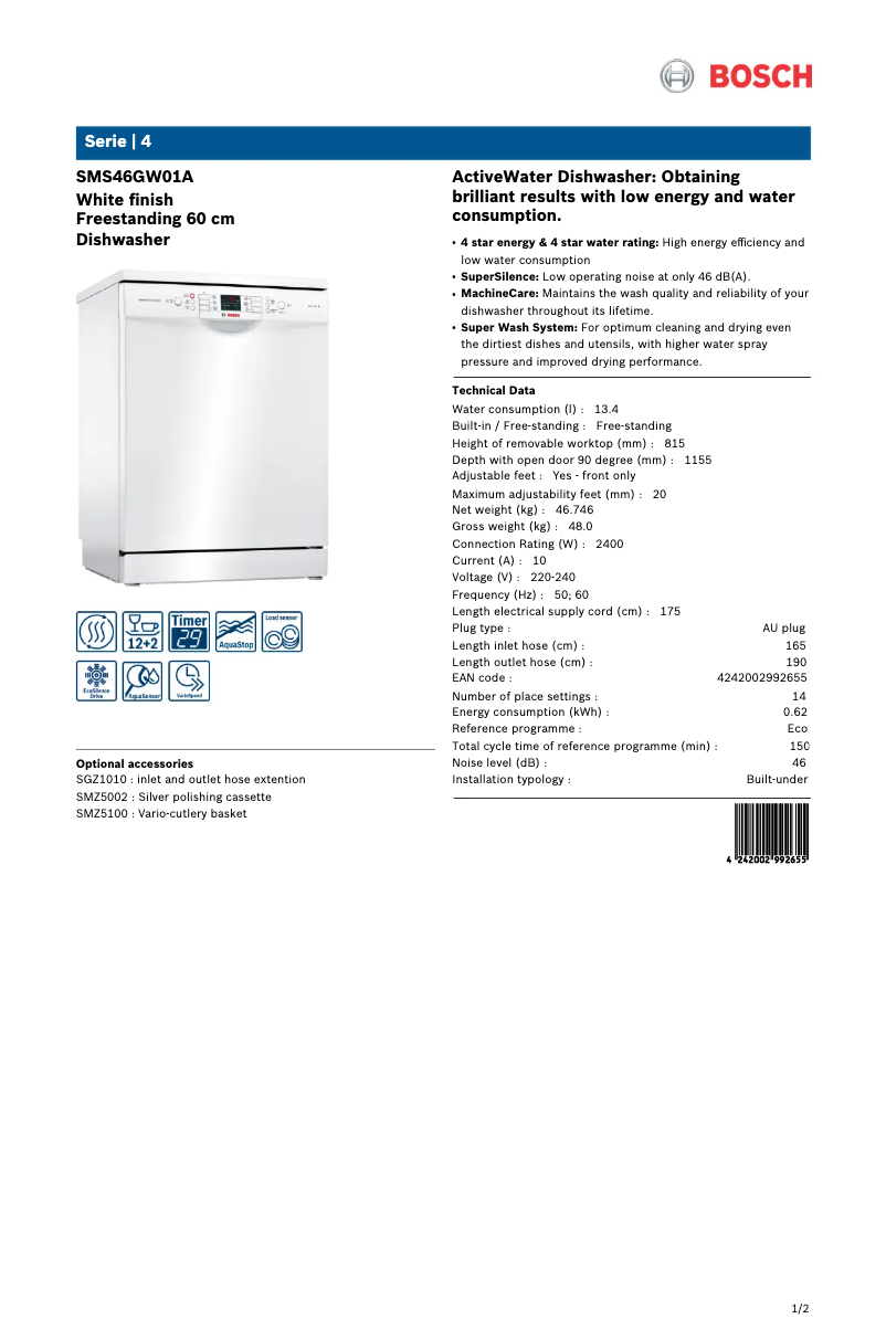 Página 1 del manual Ficha técnica Bosch SMS46GW01A