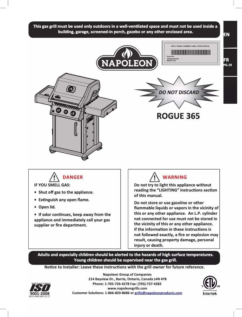 Page n°1 - Manuel utilisateur Napoleon Rogue 365