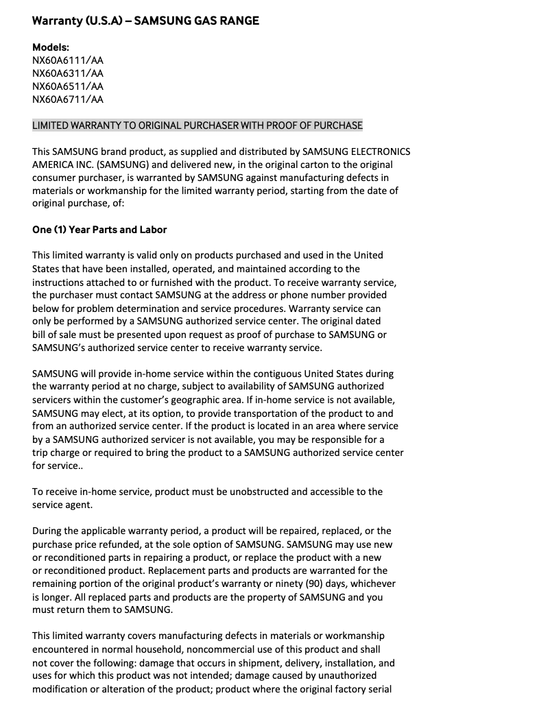 Page 1 de la notice Informations de garantie Samsung NE63A6711SG