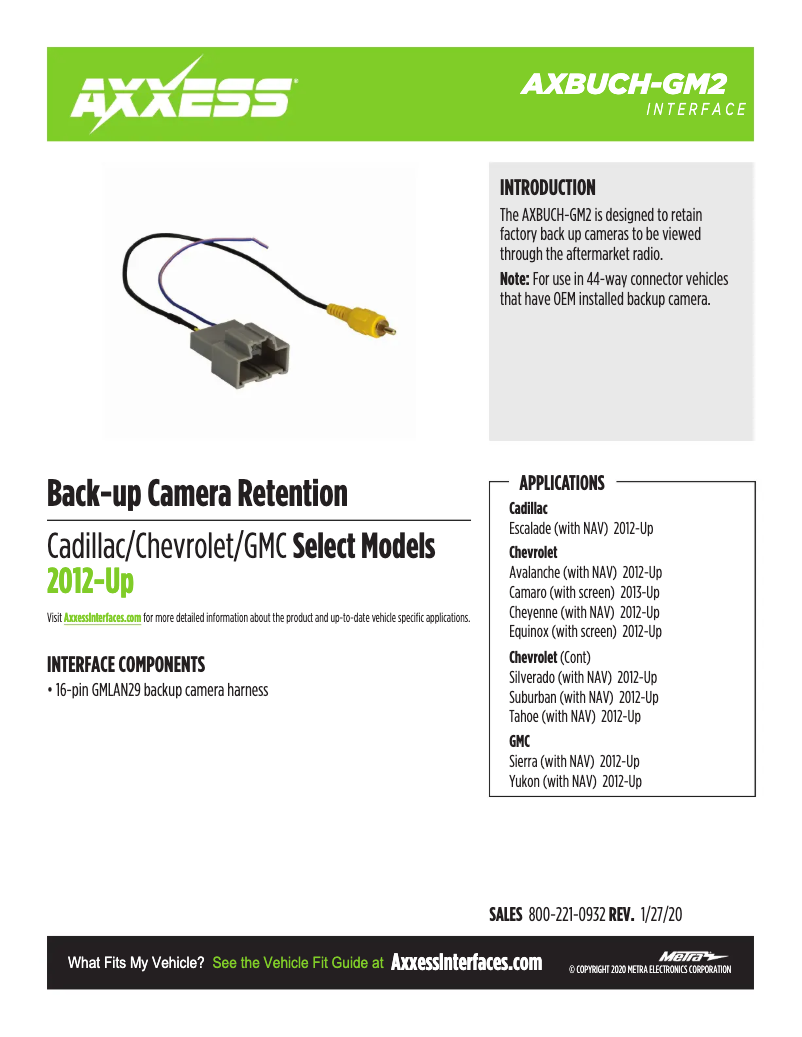 Page 1 de la notice Fiche technique Metra BACKUPCAM-2