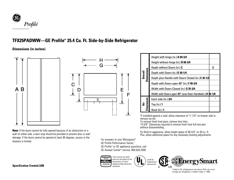 First page image of the manual for Profile TFX25PADWW