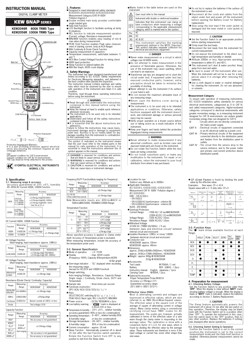 Page 1 de la notice Manuel utilisateur Kyoritsu KEW2056R