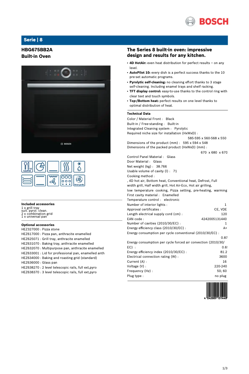 Page 1 de la notice Fiche technique Bosch HBG675BB2A