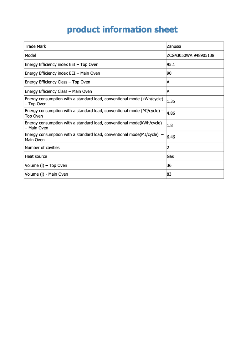 Page n°1 - Fiche technique Zanussi ZCG43050WA
