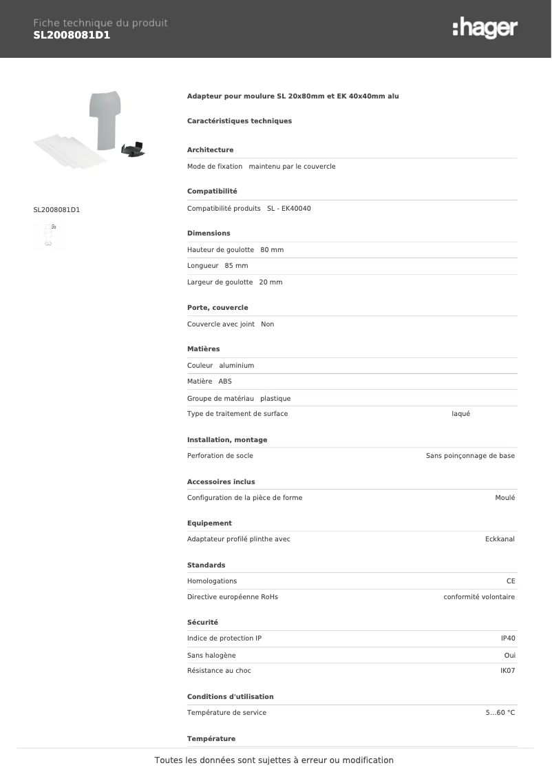 Page 1 de la notice Fiche technique Hager SL2008081D1