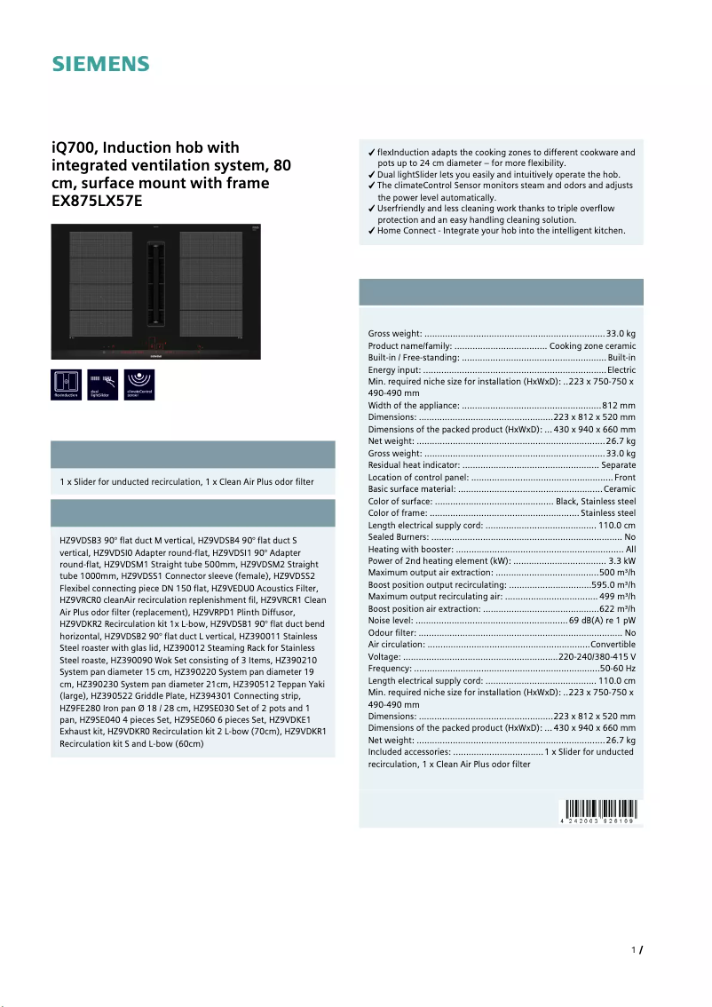 Page n°1 - Fiche technique Siemens EX875LX57E