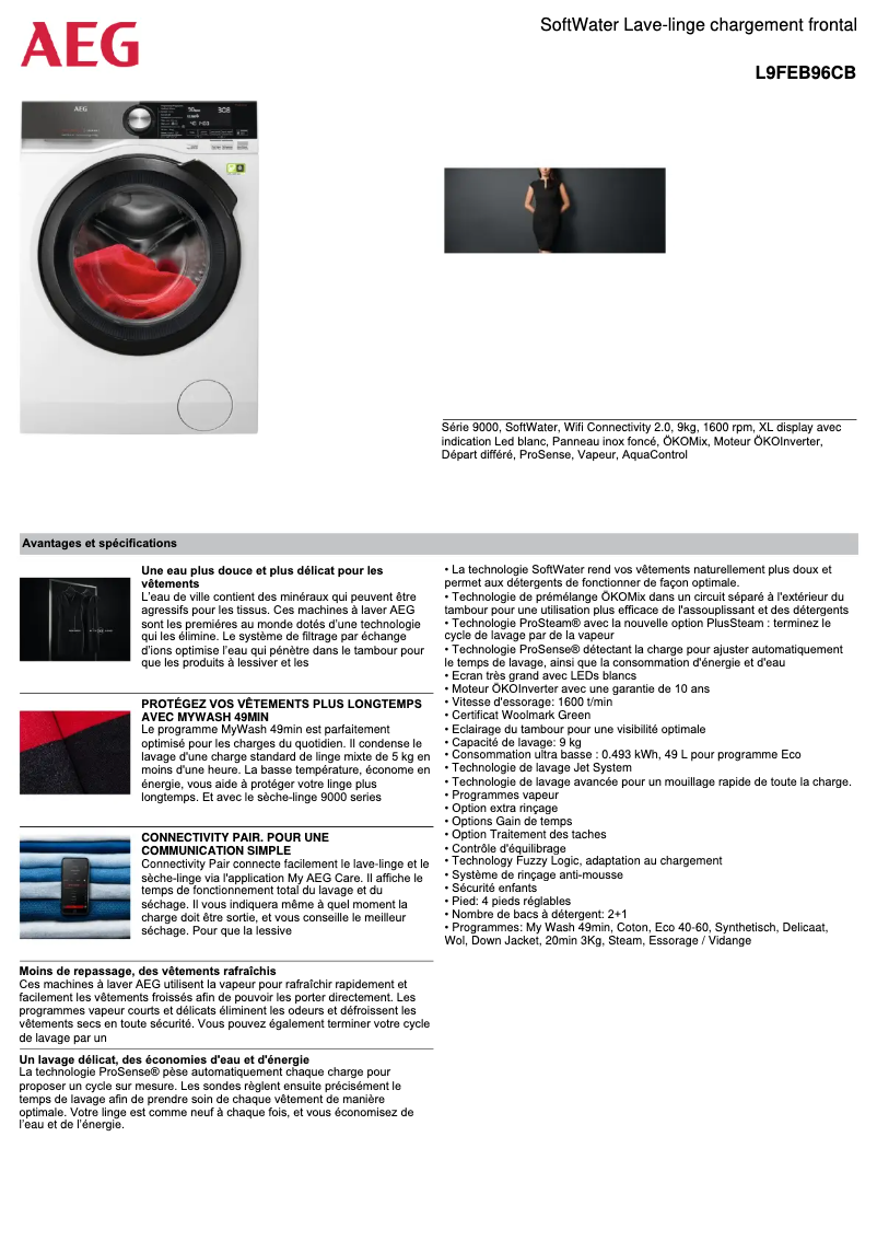 Page n°1 - Fiche technique AEG L9FEB96CB
