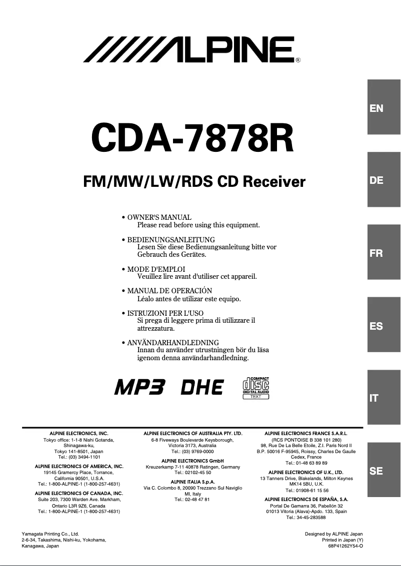 Page 1 de la notice Manuel utilisateur Alpine CDA-7878R