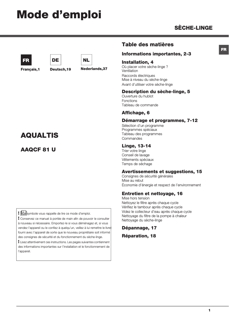 Image de la première page du manuel de l'appareil AAQCF 81 U