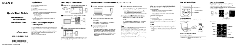 Page n°1 - Guide d'installation Sony NWZ-E343