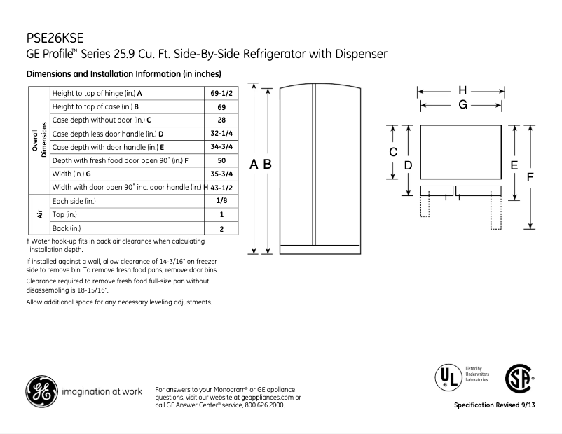 Page 1 de la notice Fiche technique GE Profile PSE26KSESS