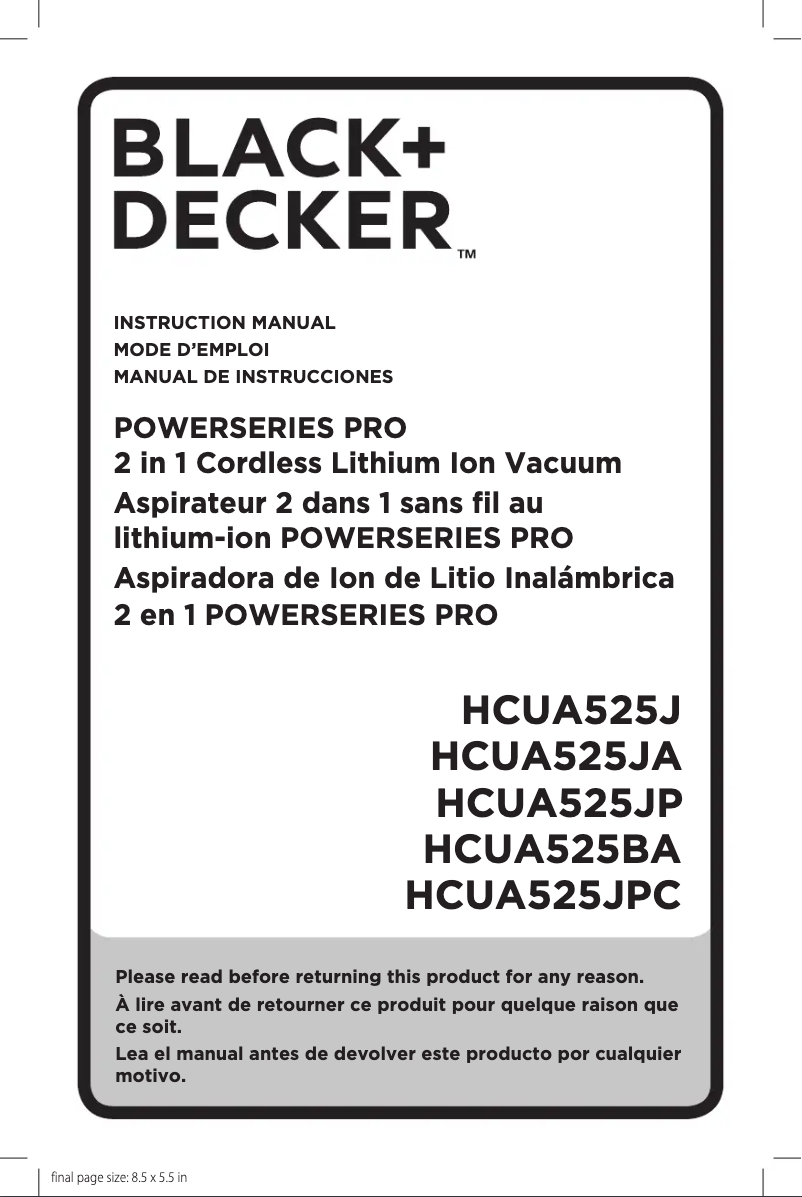 Page n°1 - Manuel utilisateur Black & Decker HCUA525JA