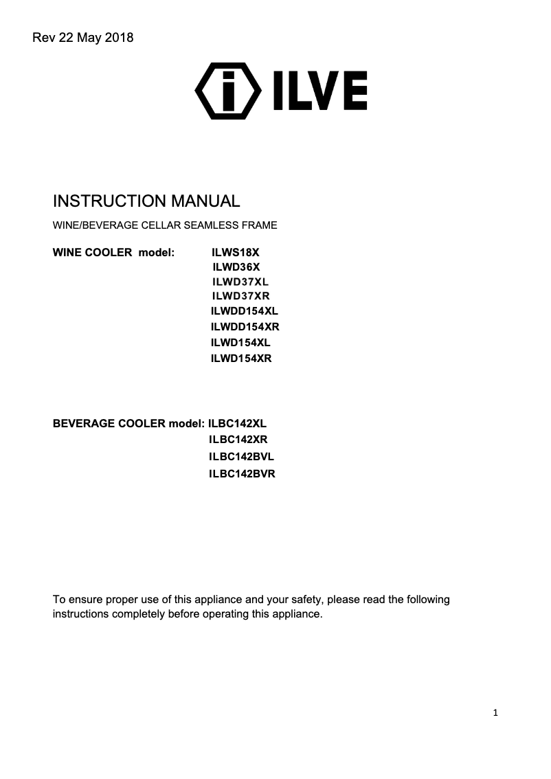 Page 1 de la notice Manuel utilisateur Ilve ILWD37XR