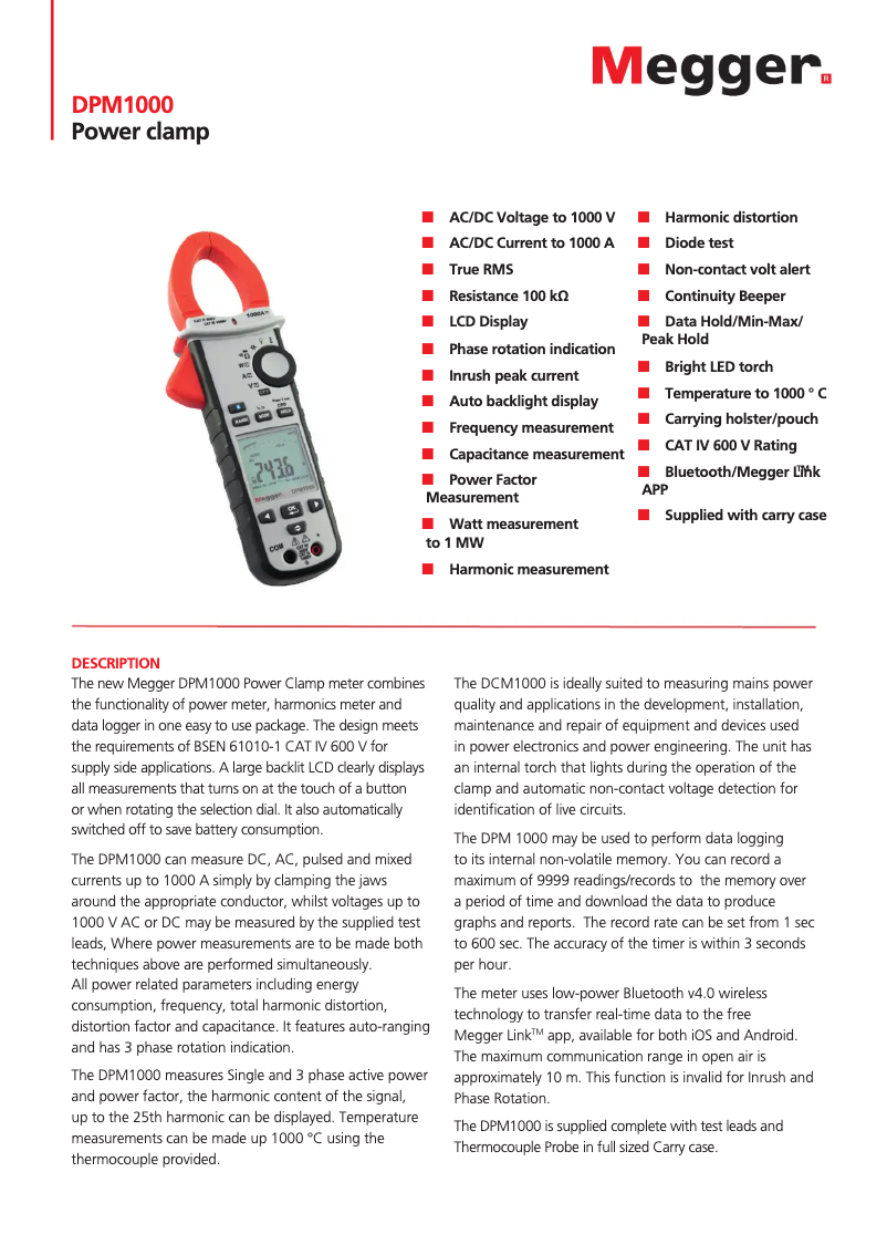 Page 1 de la notice Fiche technique Megger DPM1000