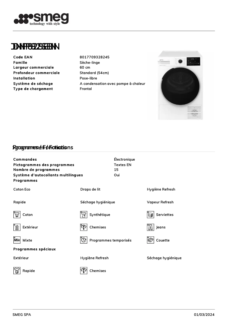 Page 1 de la notice Fiche technique Smeg DNP82SEIN