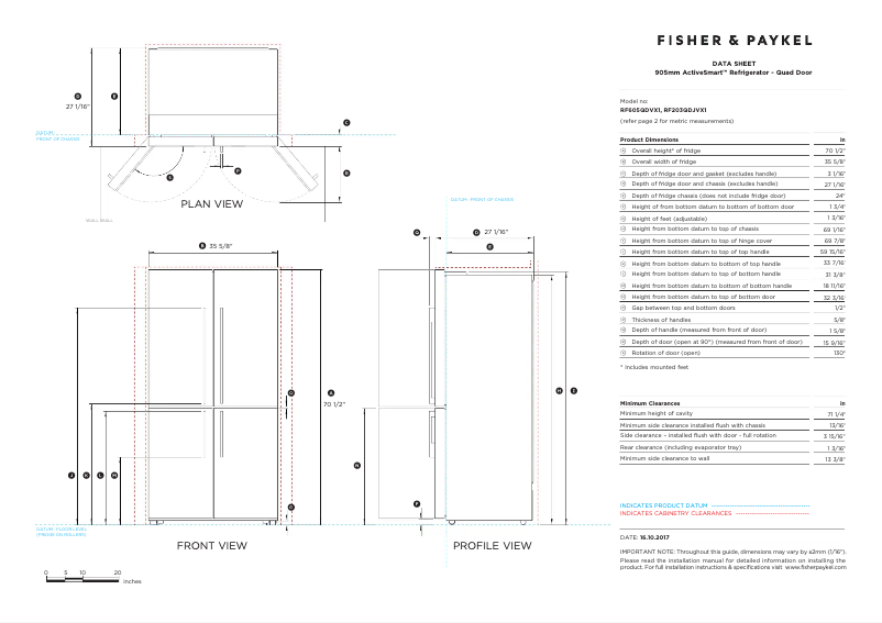 Page 1 de la notice Fiche technique Fisher & Paykel RF605QDVX2