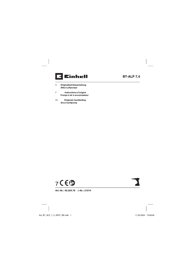 Page 1 de la notice Manuel utilisateur Einhell BT-ALP 7,4