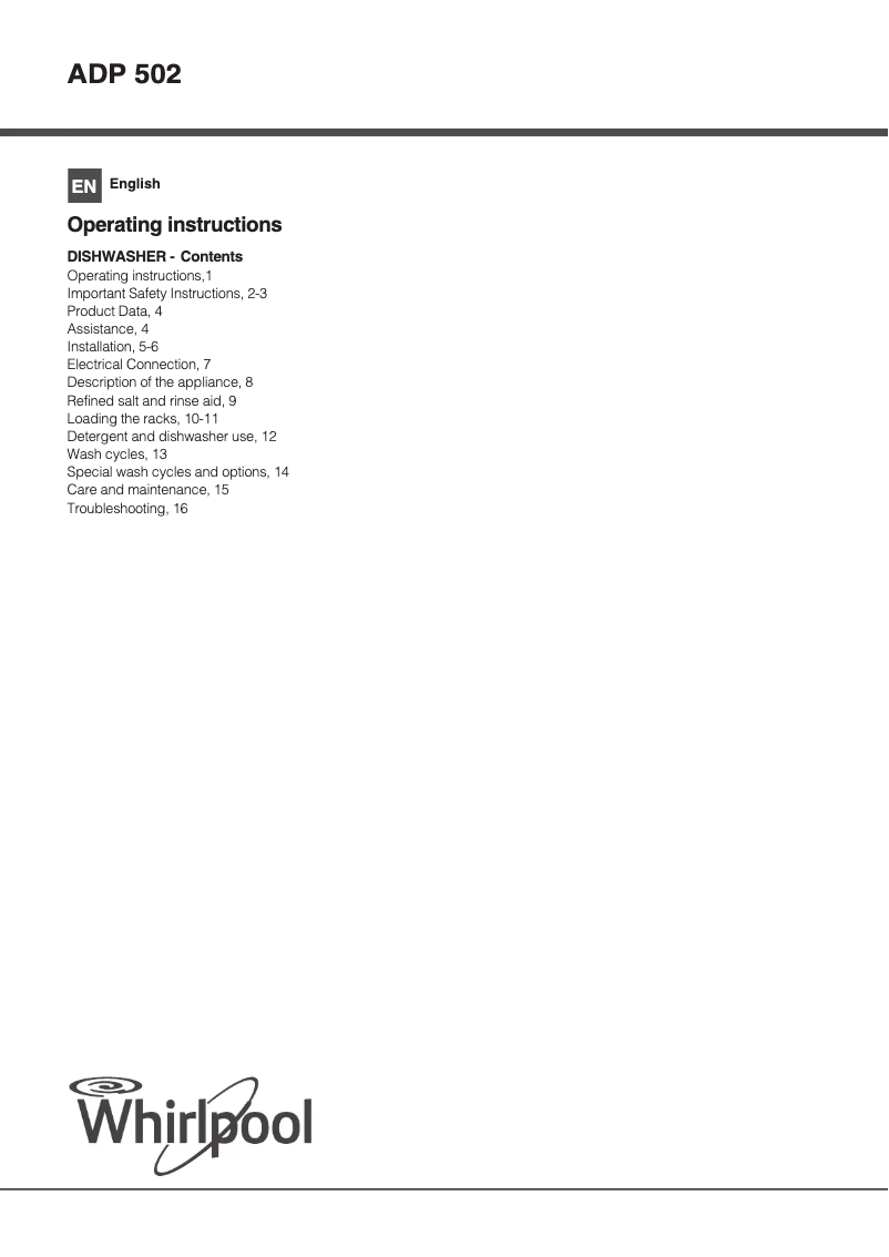 Page n°1 - Manuel utilisateur Whirlpool ADP 502 IX UK