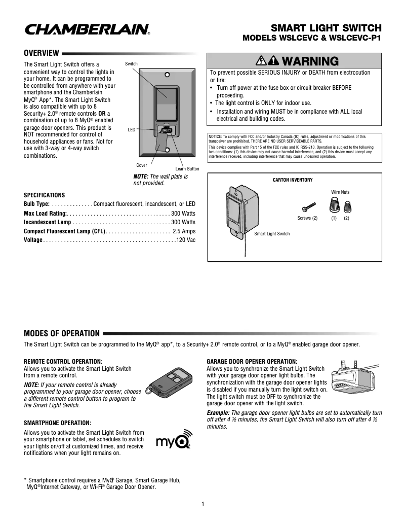 Page 1 de la notice Manuel utilisateur Chamberlain WSLCEVC-P1