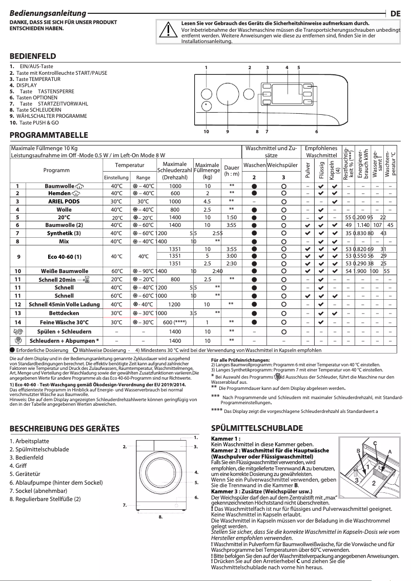 Page 1 de la notice Manuel d'utilisation et d'entretien Privileg PWFV X 1073 A