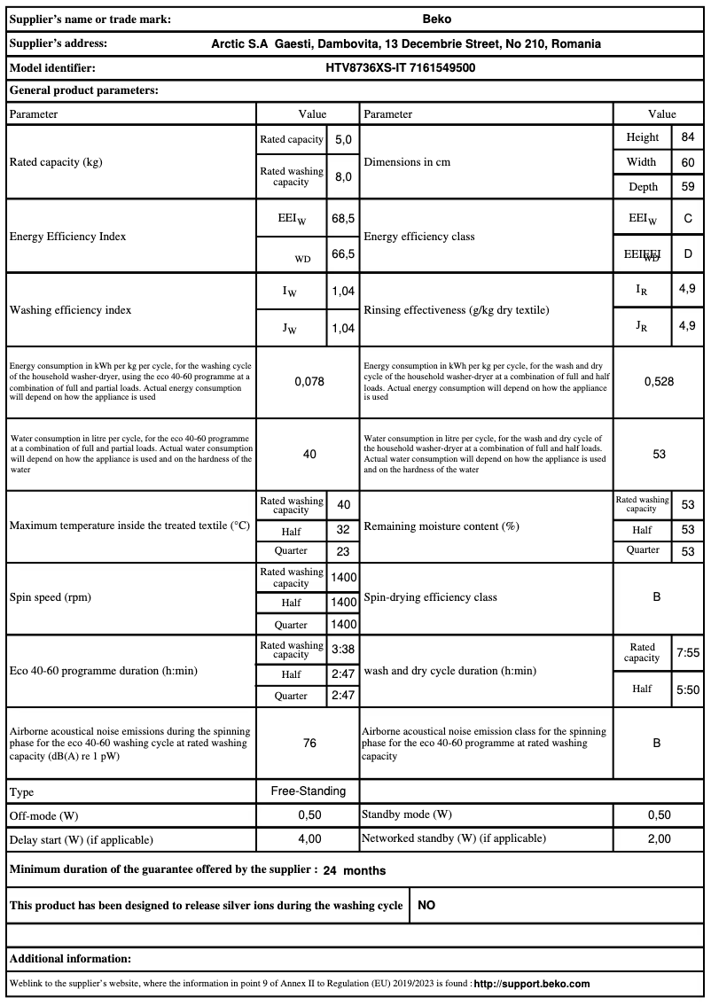 Page 1 de la notice Fiche technique Beko HTV8736XS-IT