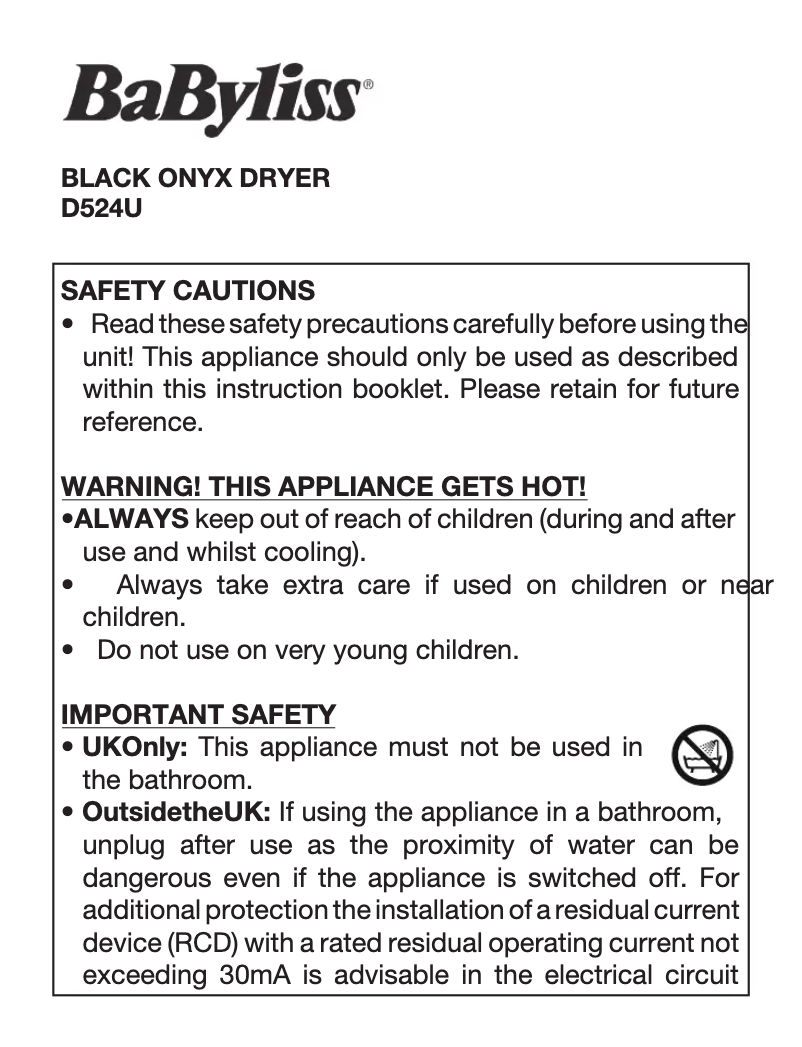 Page n°1 - Manuel utilisateur BaByliss Black Onyx D524U