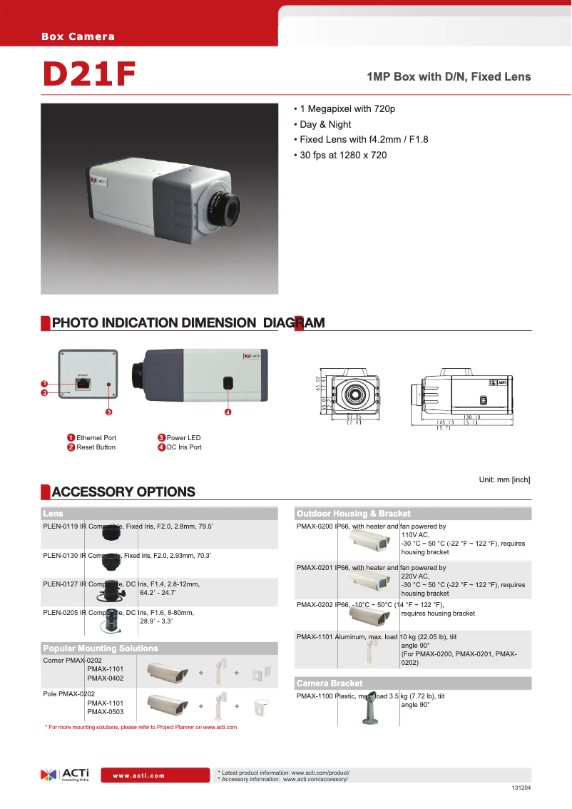 Page 1 de la notice Fiche technique ACTi D21F