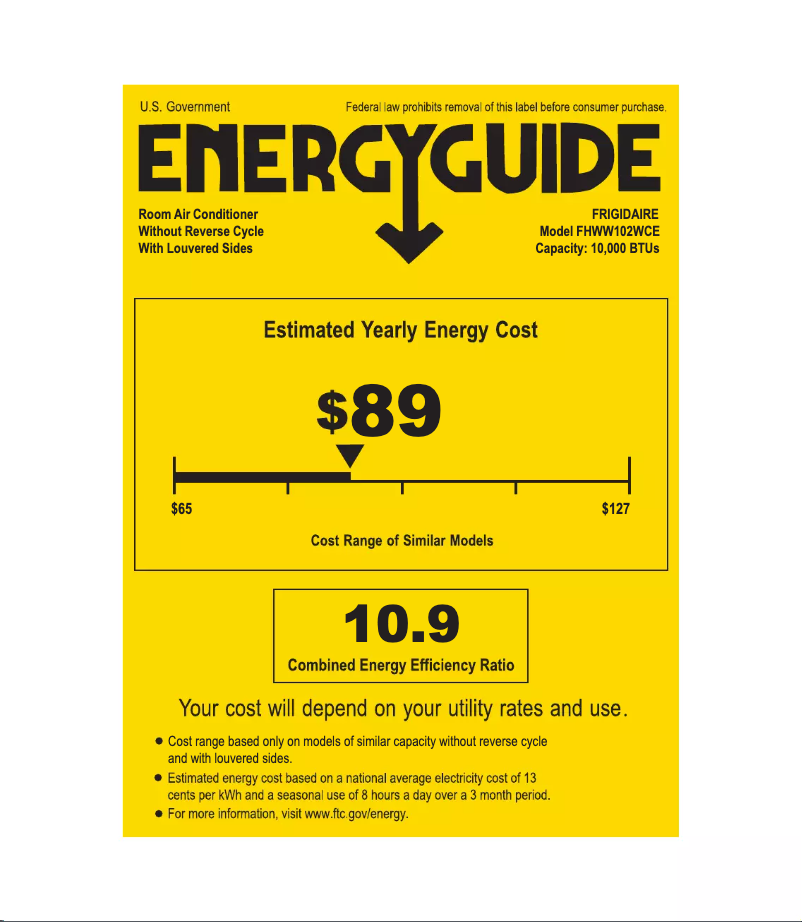 Page 1 de la notice Label énergétique Frigidaire FHWW102WCE