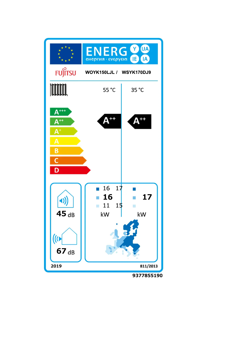 Page 1 de la notice Label énergétique Fujitsu Waterstage WSYK170DJ9