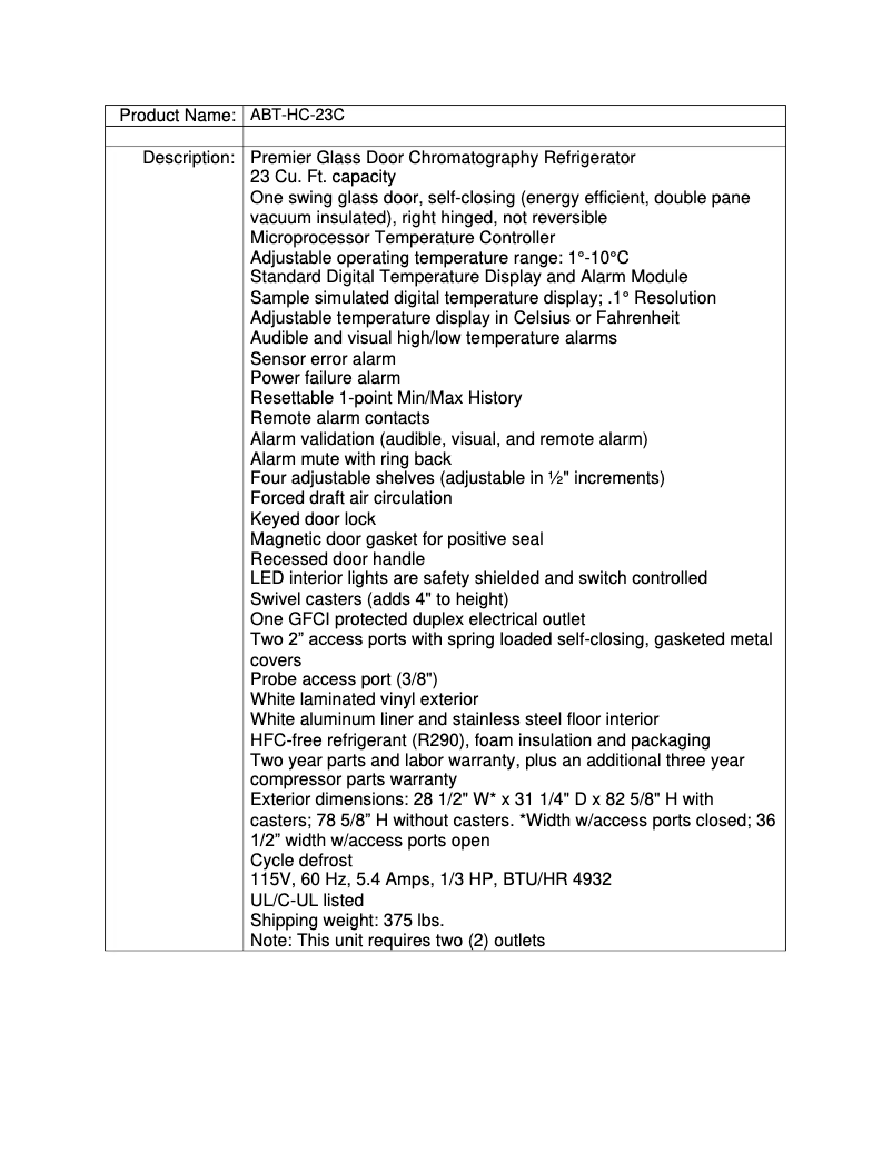 Page n°1 - Fiche technique American BioTech Supply ABT-HC-23C