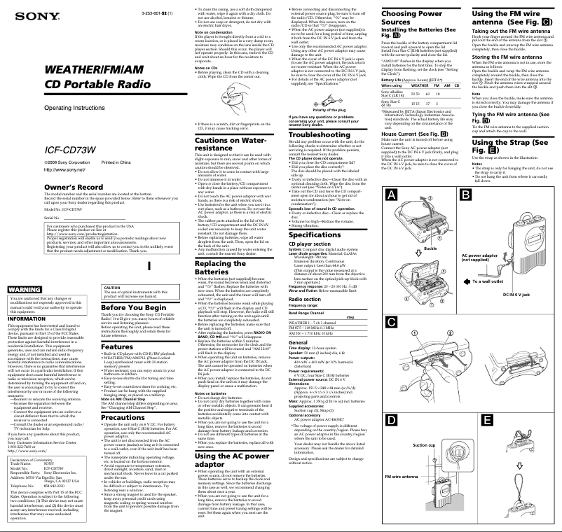 Page 1 de la notice Manuel utilisateur Sony ICF-CD73W