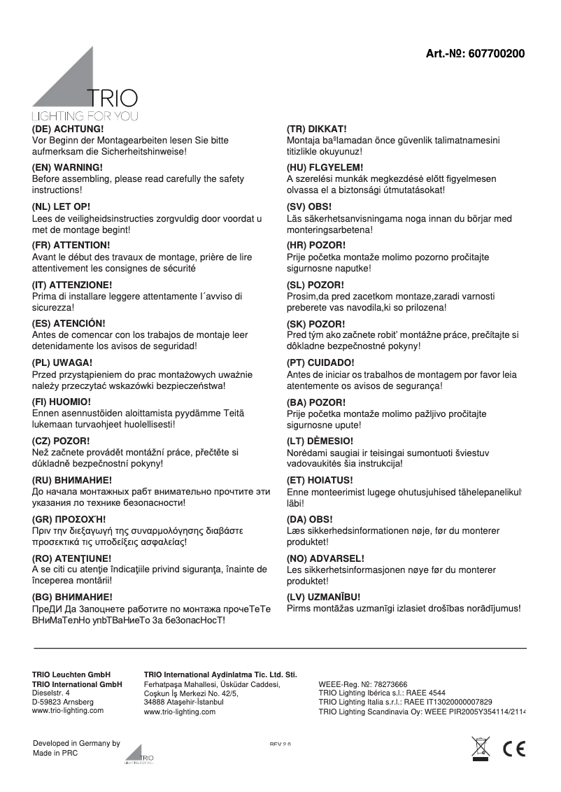 Page 1 de la notice Manuel utilisateur Trio Lighting Christobal 607700200