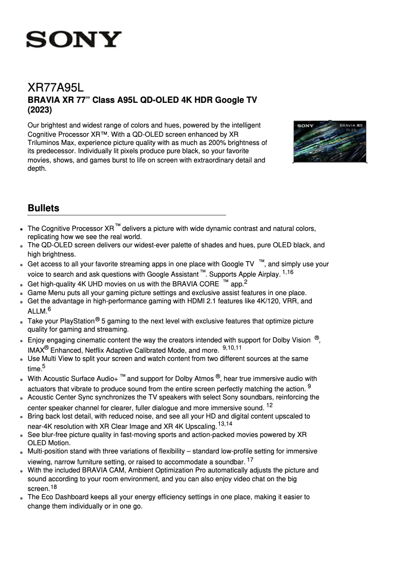 Page 1 de la notice Fiche technique Sony XR-77A95L