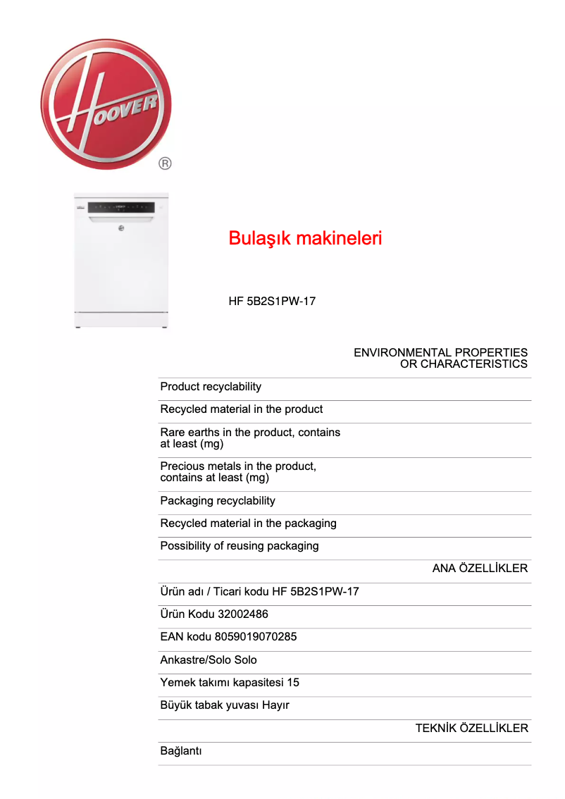 Page n°1 - Fiche technique Hoover HF 5B2S1PW-17