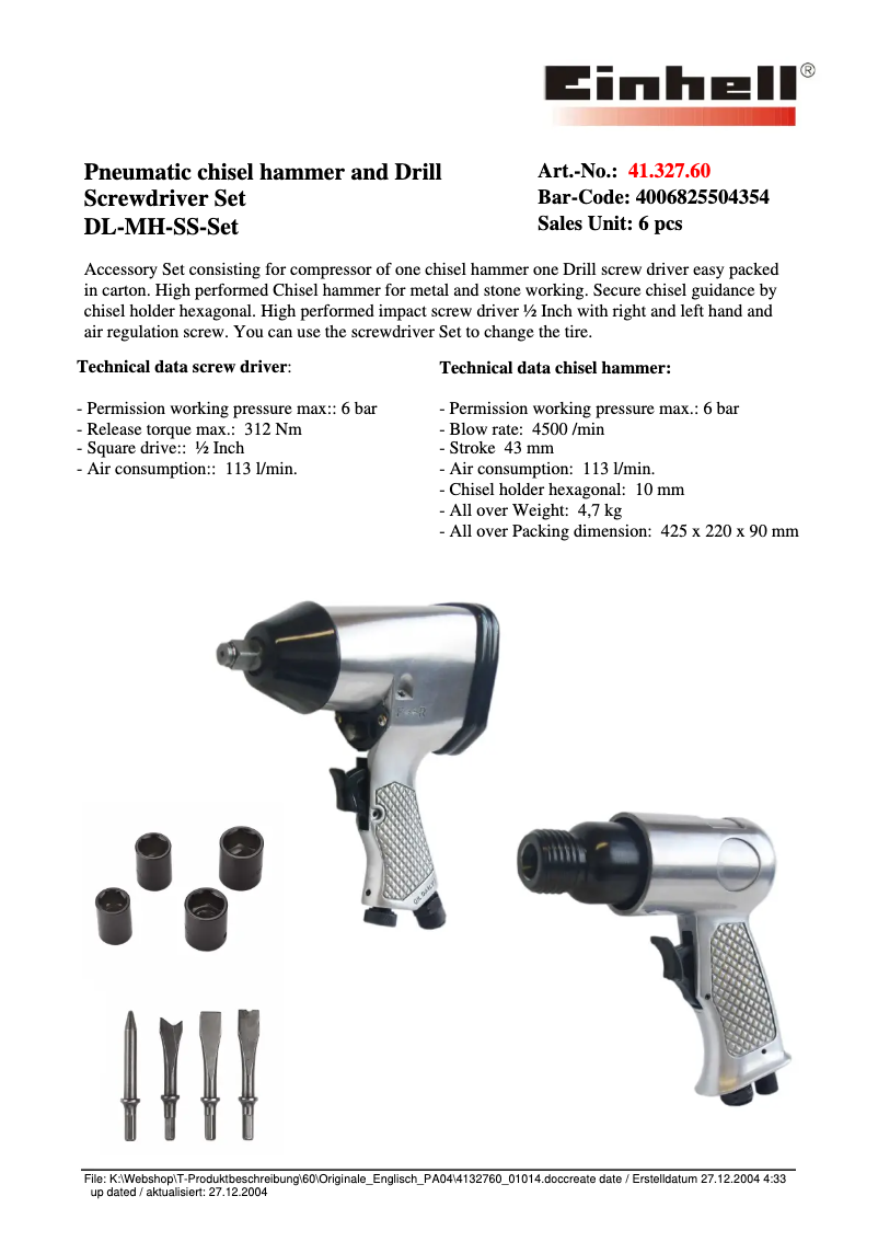 Page 1 de la notice Fiche technique Einhell DL-MH