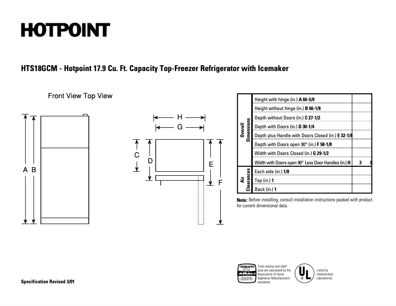 Page n°1 - Fiche technique Hotpoint HTS18GCMWW
