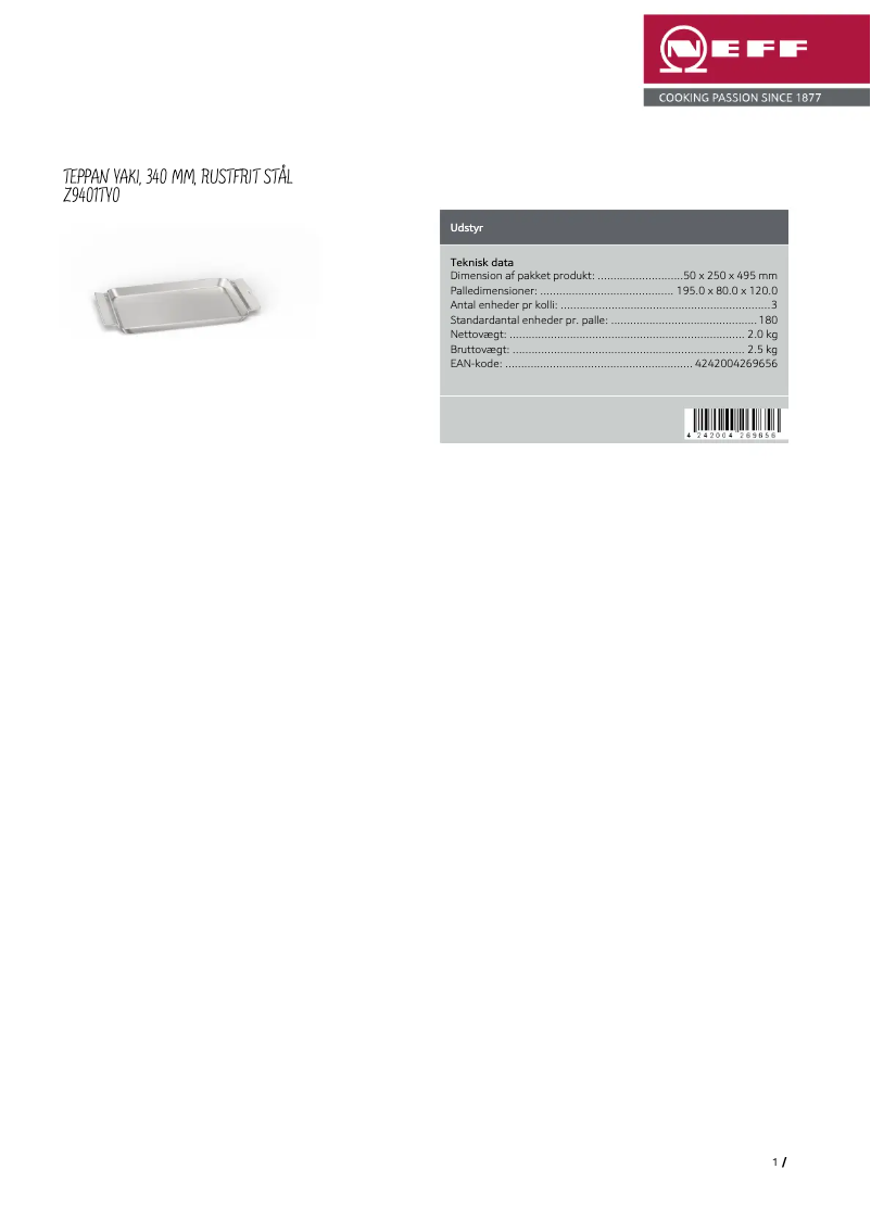 Page 1 de la notice Fiche technique Neff Z9401TY0