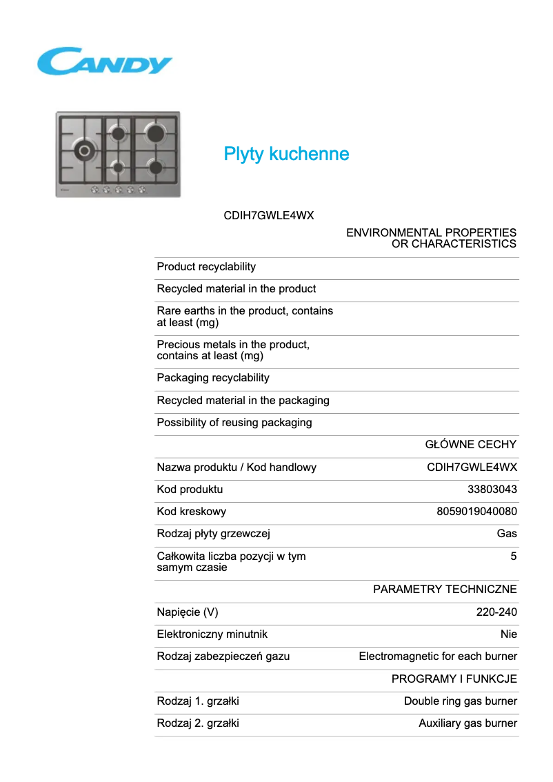 Page 1 de la notice Fiche technique Candy CDIH7GWLE4WX