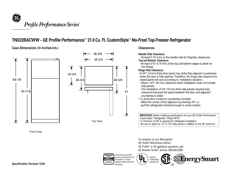 Page n°1 - Fiche technique GE Profile Performance TNX22BACRWW