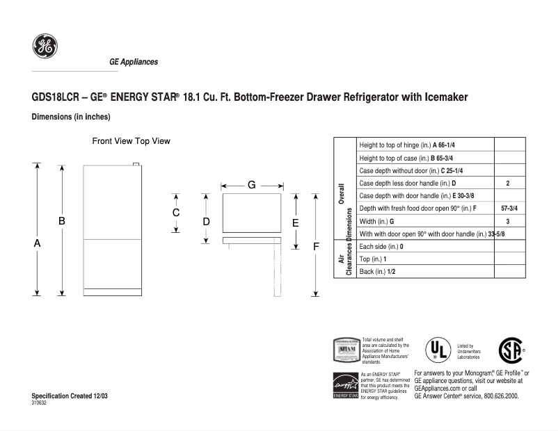 Page n°1 - Fiche technique GE GDS18LCRCC