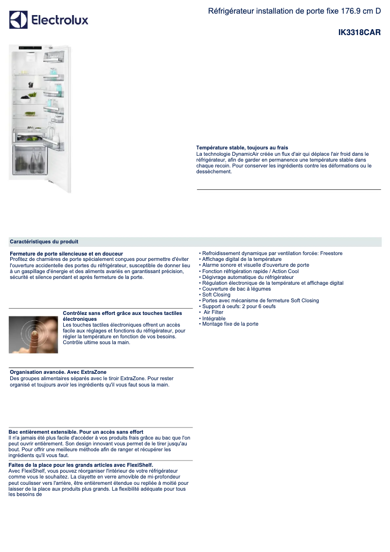 Page 1 de la notice Fiche technique Electrolux IK3318CAR