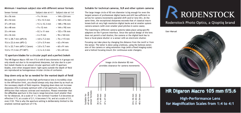 Page 1 de la notice Manuel utilisateur Cambo HR Digaron Macro 105 mm f/5.6